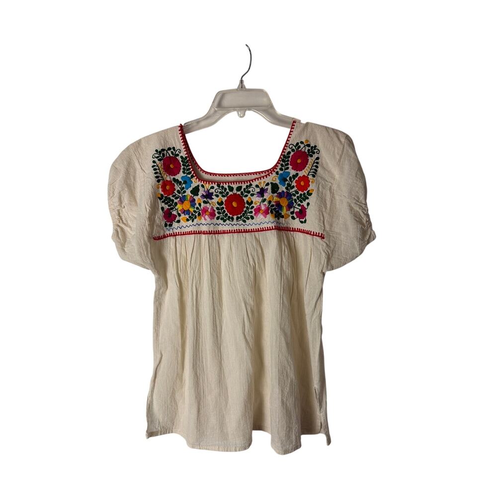 Cream Multi Floral Embroidered Square Neck Peasant Blouse Top Woman Size S/M
